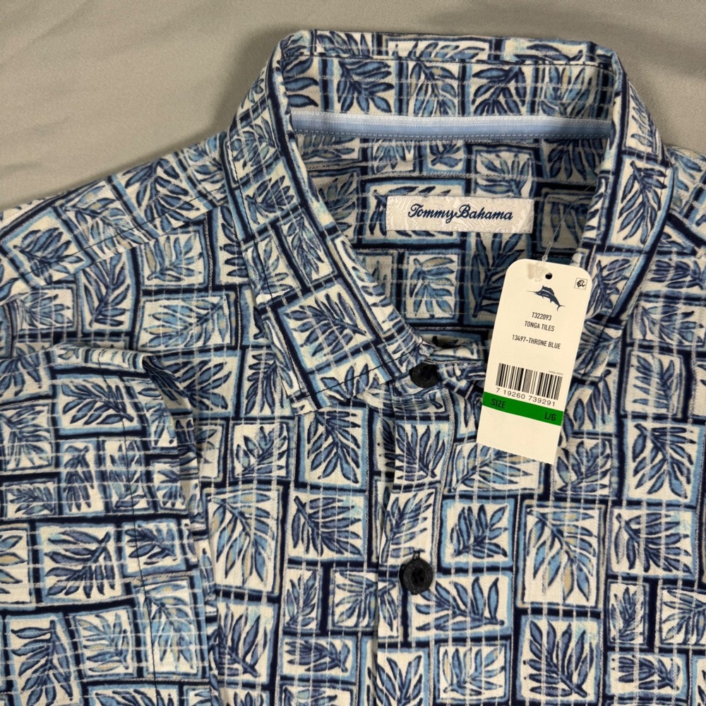Tommy Bahama Tonga Tiles Shirt Mens L Throne Blue Silk Blend Leaf AOP Tropical